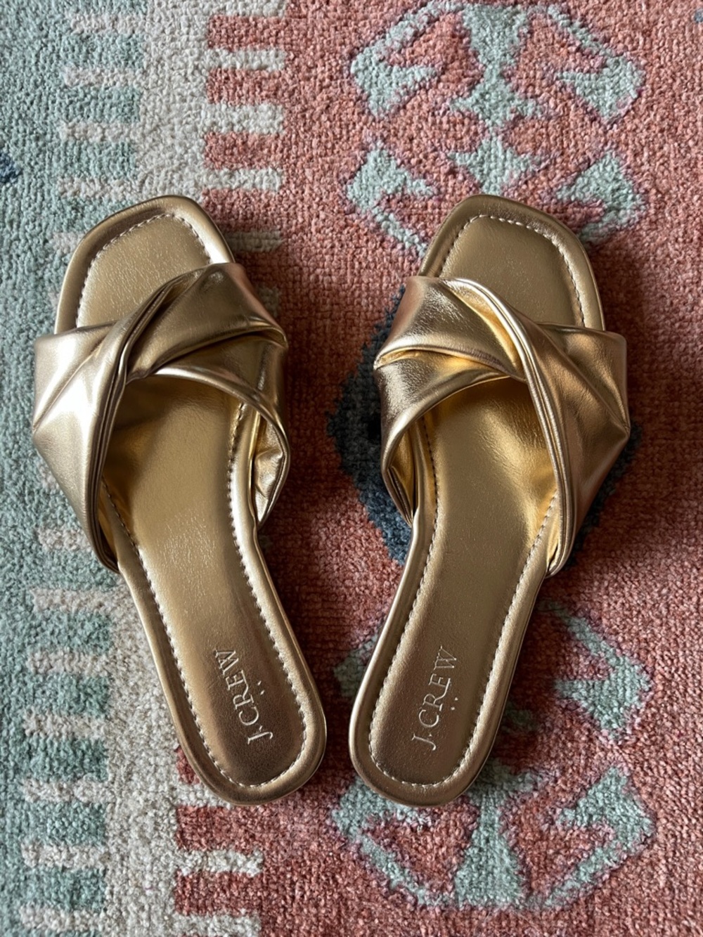 J Crew metallic gold knotted slides